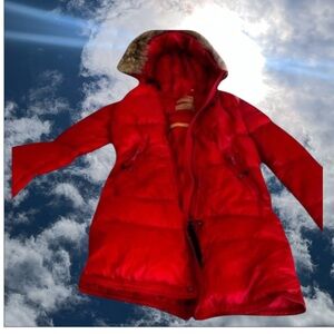 Parajumpers Red Down Long Bear Puffer Jacket With Fur Trimmed Hood♥️🥰